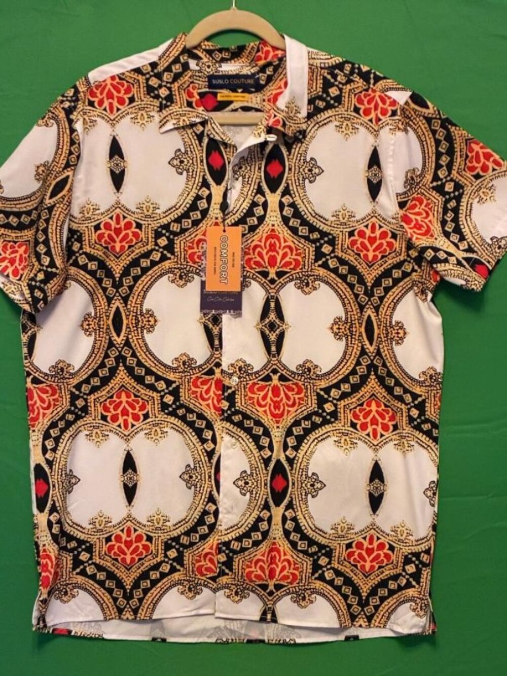 NWT SUSLO Couture Men's Baroque Style Print Short Sleeve Button Up Shirt 2XL